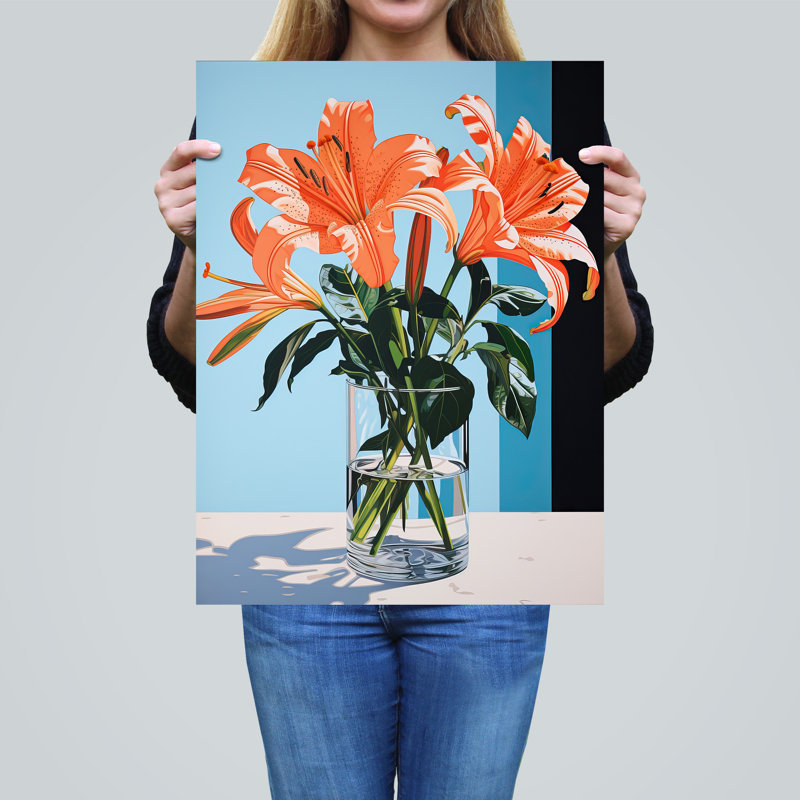 Wall Art Print Autumn Lilies Glass Vase Stylised Floral Painting Blue Detailed Tiger Lily Poster