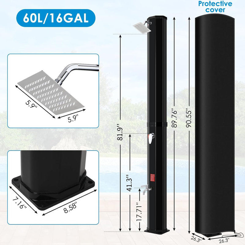 Solar Heated Shower With 360° Rotating Shower Head & Faucet, Freestanding Outdoor Shower With 210D Protective Cover, Water Temperature Adjustment, for Pool, Garden, Beach, Spa