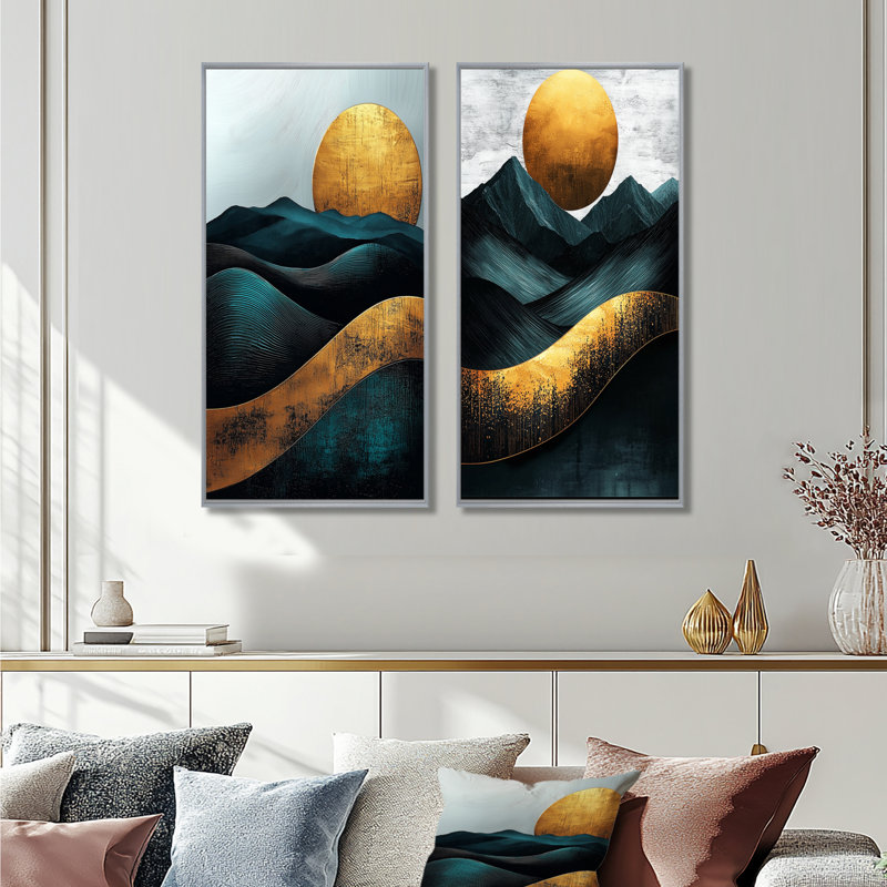 «Sunrise On Golden Emerald Mountains Horizon III», art mural 2 pièces, H 28 po x l 25 po, Encadrement argenté