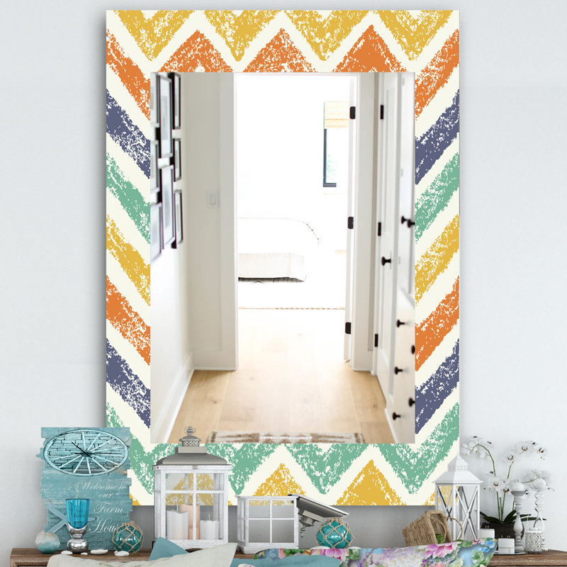 Miroir décoratif à chevron rétro bohémien et éclectique, H 39,4 po x l 29,5 po