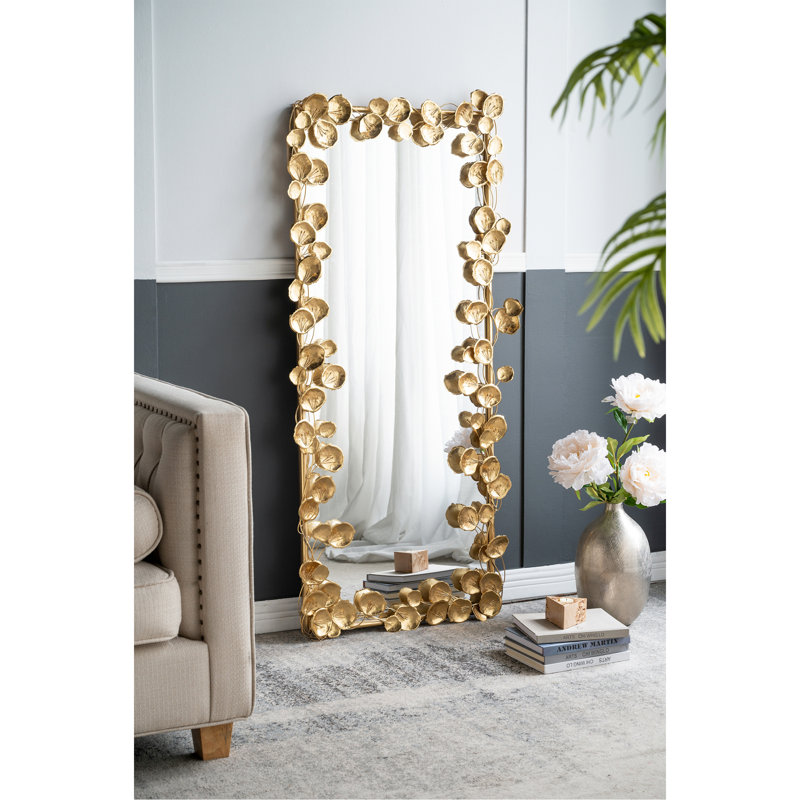 Miroir pleine grandeur avec détails dorés, miroir de plancher pour la chambre à coucher et le salon