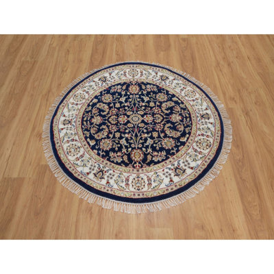 4'x4' Midnight Blue, Wool and Silk, 250 KPSI, Nain with All Over Design, Hand Knotted, Soft Pile, Round, Oriental Rug