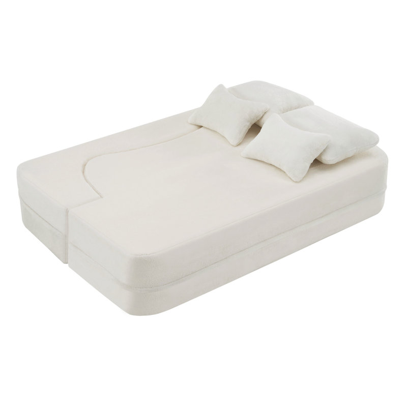Plancher blanc moderne avec 4 coussins, matelas pliant en mousse haute densité, pour les invités et les espaces de vie, aucun assemblage requis