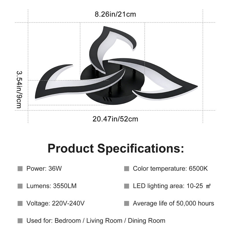 Brianie 33W 3-Head Led Flush Mount Ceiling Light, Black, White Light 6000K