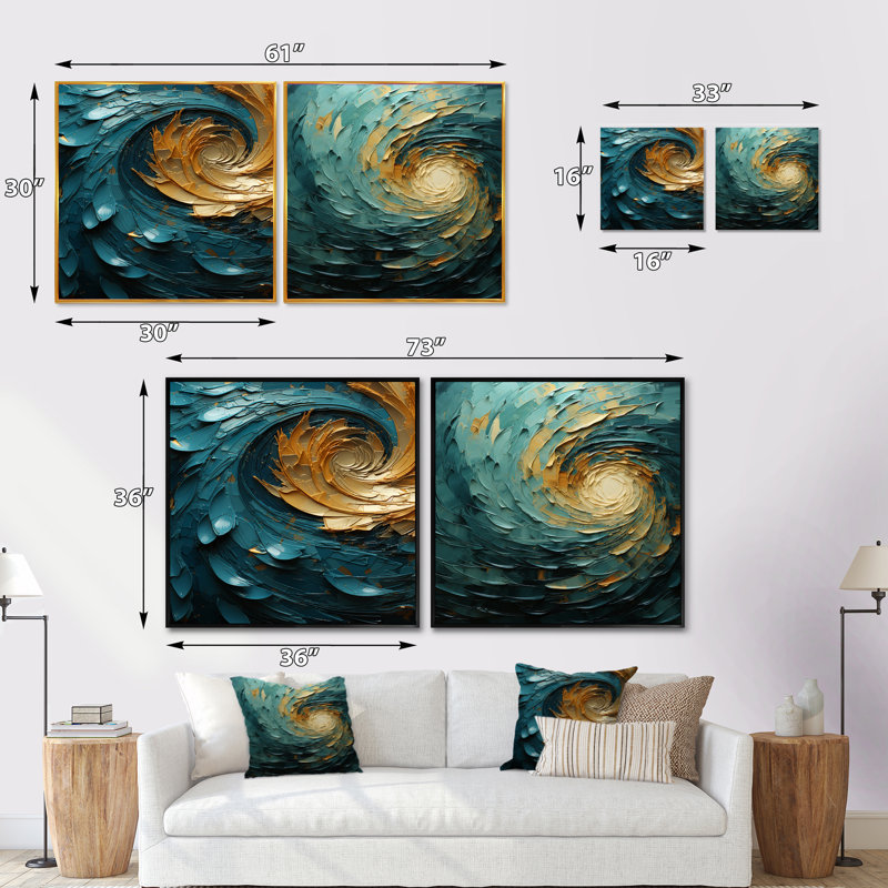 Majestic Motion Teal Spiral - Ensemble de 2 collages carrés abstraits en spirale, Cadre flottant doré, H 36 po x l 73 po