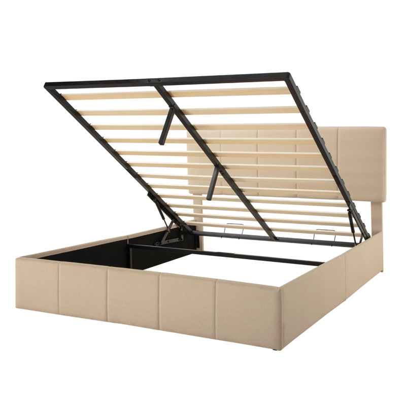 Hydraulic Lift Up Upholstered Platform Bed with Adjustable Headboard, Queen, Cream