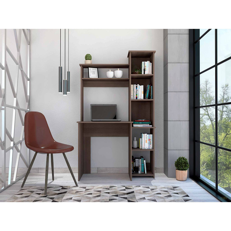 Versalles Writing Desk, Modern Studio or Office Desk, Two Superior Shelves, And Five Side Open Shleves For Books Organization
