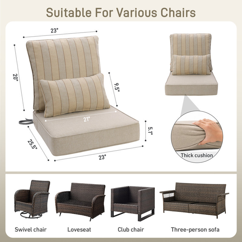 Aoodor Outdoor Seat/Back Cushion, 23" W x 25.6" D, Brown Striped