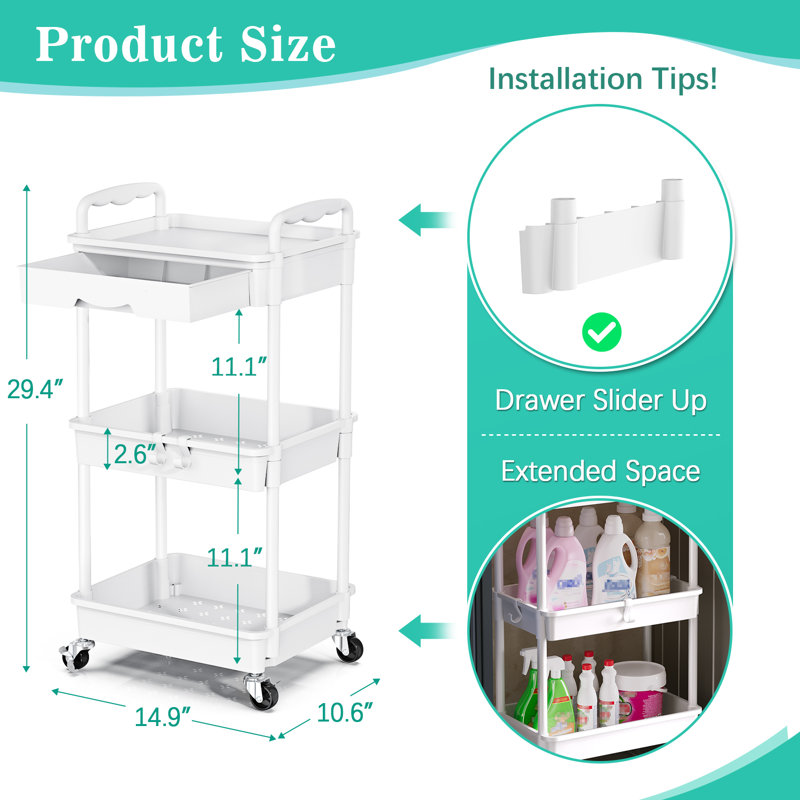 Chariot roulant à 3 niveaux avec tiroir et roues verrouillables, chariot de rangement en plastique, Blanc, 3 Tier
