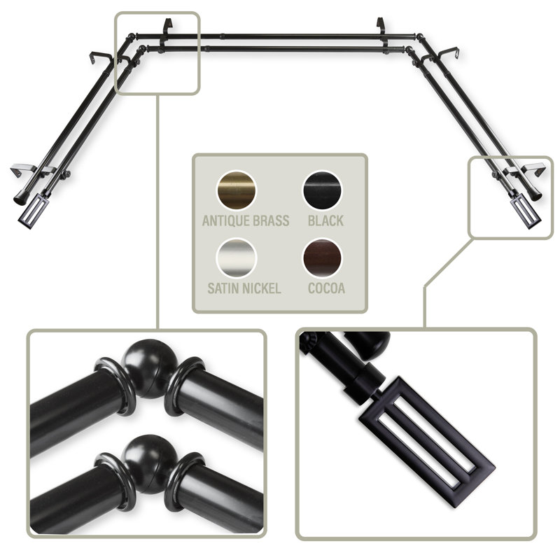 Tringle à rideaux double réglable pour fenêtre de baie de 0,81 à 38 po, Noir