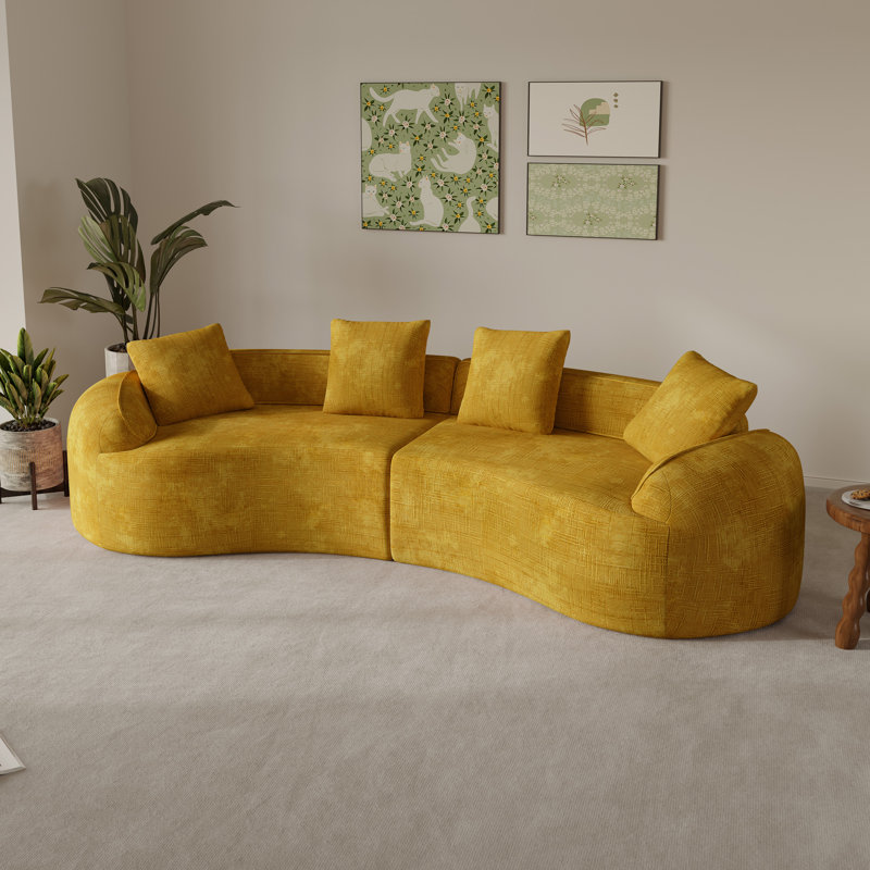2-Piece Curved Compressed Boneless Sectional Sofa, Symmetrical Modular Design, Yellow Chenille