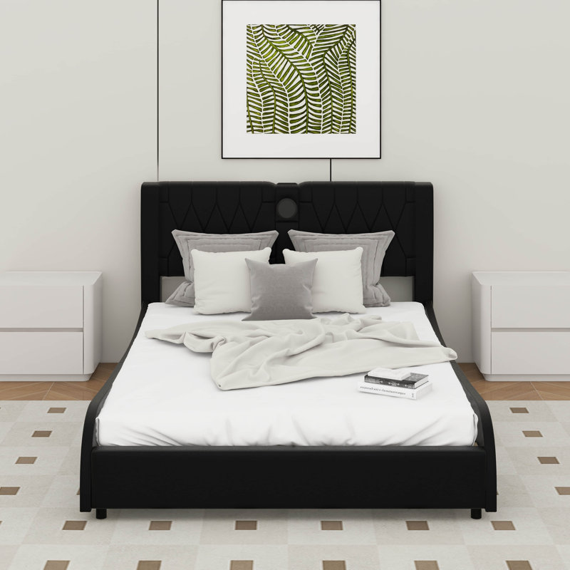 Luxurious Faux Leather Upholstered Platform Bed With Thickened Headboard, Bluetooth Speakers And RGB LED Light, Full, Black
