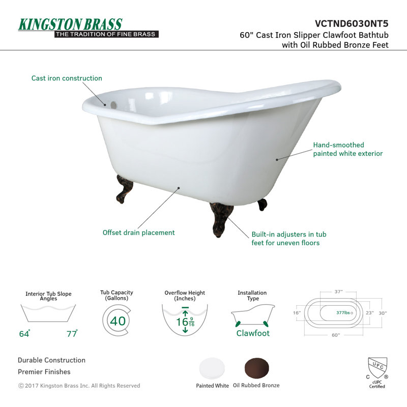 Baignoire sur pattes ovale en fonte 60 po Kingston Eden, Bronze frotté à l'huile
