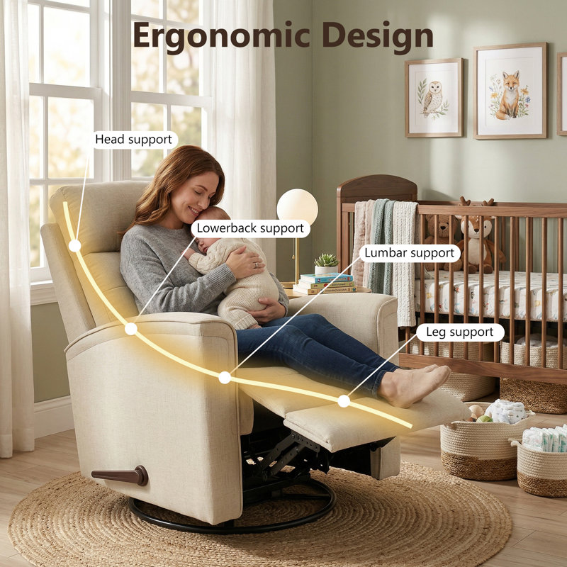 38.58'' Wide Manual Swivel Rocker Recliner,Chenille Nursery Recliner For Small Space-beige