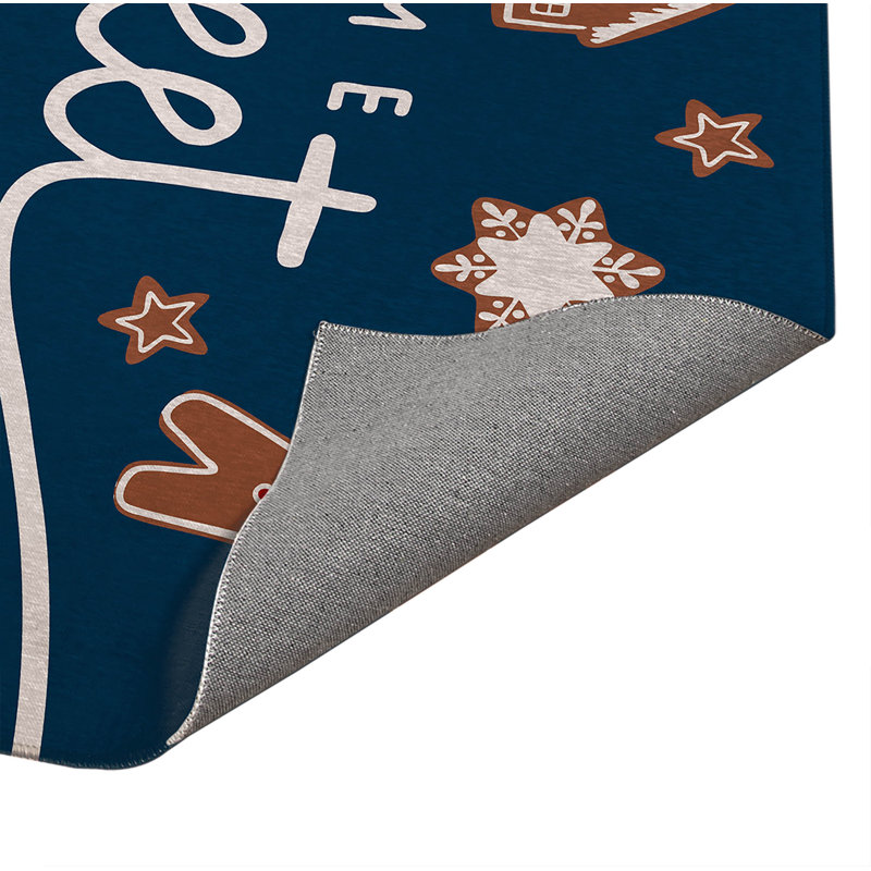 Gingerbread Home Sweet Home Dk Blue Low Profile Kitchen Mat, Rectangle 4' x 6', Dark Blue/Red/White