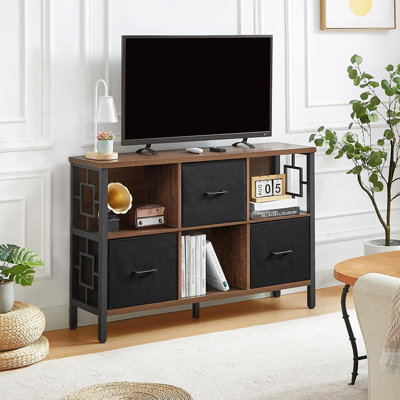Brown 6-Cube Storage Shelf, Rustic Low Horizontal Bookshelf With Metal Frame And 3 Storage Bins For Living Room Or Office