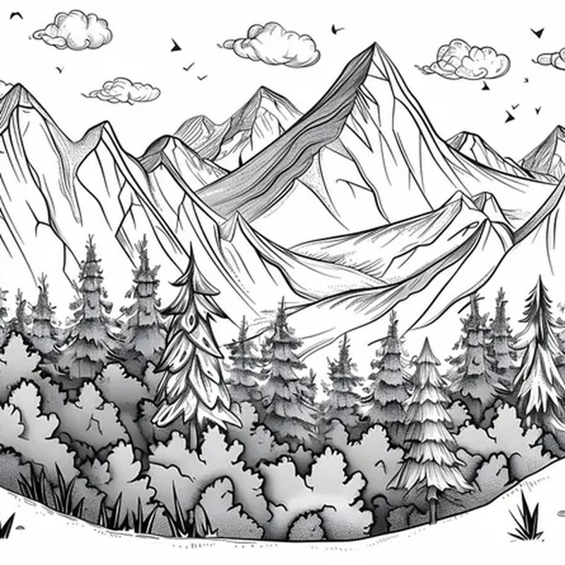 Art mural ligne de forêt de montagne dessiné à la main, 96" L x 108" W
