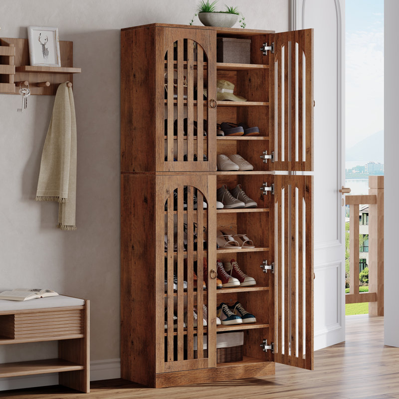 Armoire de rangement pour chaussures 36 paires avec 4 portes à lattes et 9 tablettes pour le vestibule, Bois brun foncé