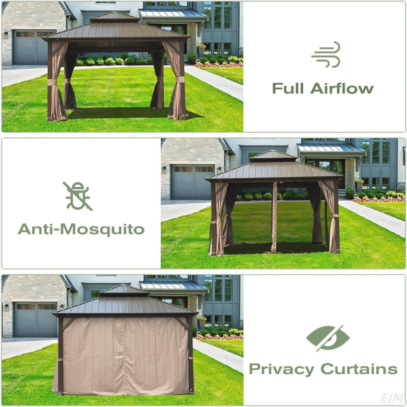 Hardtop Gazebo, Aluminum Metal Gazebo With Galvanized Steel Double Roof Canopy, Curtain And Netting, Permanent Gazebo Pavilion(Canopy)