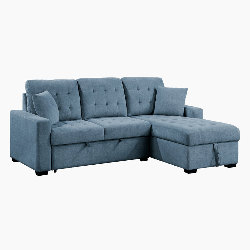 Canapé-lit modulaire 2 pièces avec rangement caché Eleen, Tissu bleu, Accoudoir à droite (vu de face)