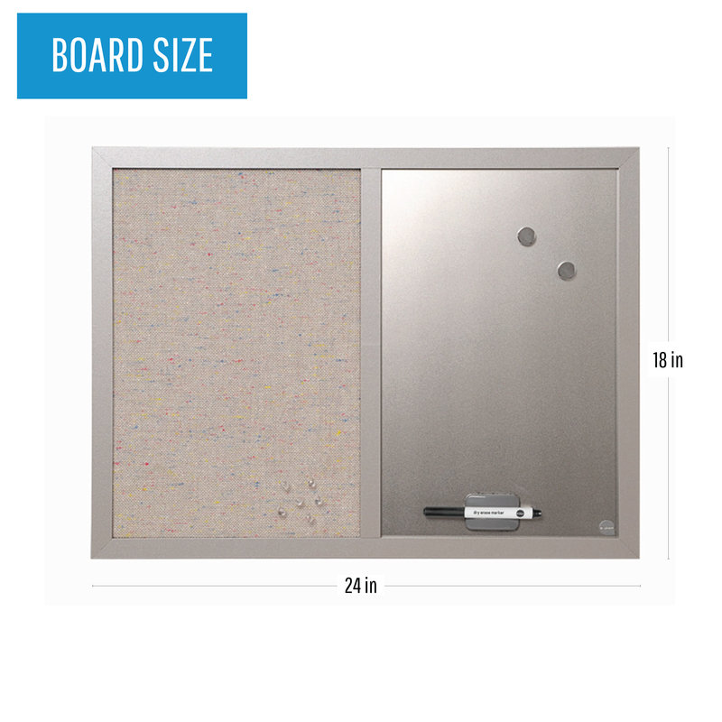 Combinaison de tableau blanc effaçable à sec avec tableau blanc en tissu Mastervision, parfaite pour la maison ou le bureau, 18 po x 24 po, cadre en bois argenté