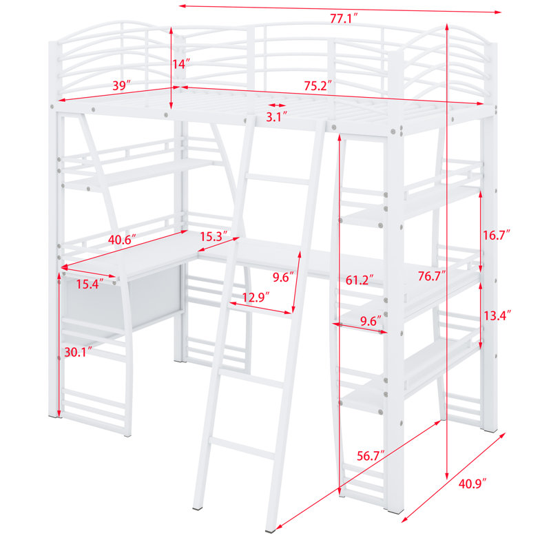 Loft Bed With Shelves And L-Shaped Desk, With A Set Of Sockets, USB Ports And And Wireless Charging