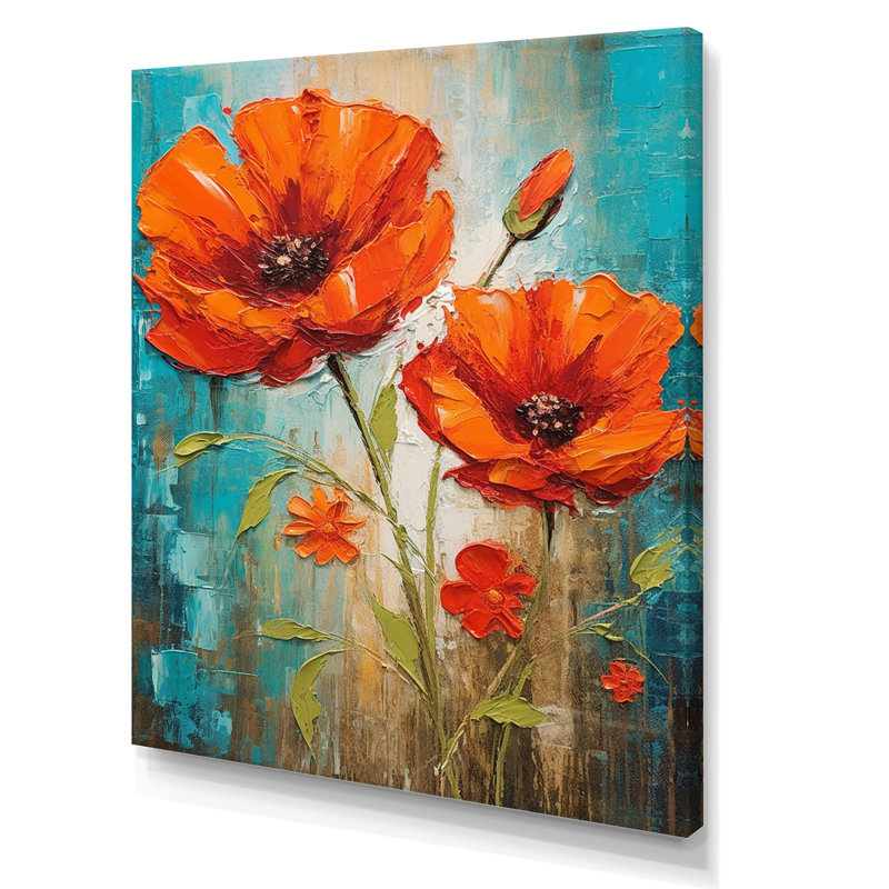 «Blossoming Red Poppes On Teal Sky», reproduction sur toile, H 44 po x l 34 po x P 1,5 po, Toile tendue
