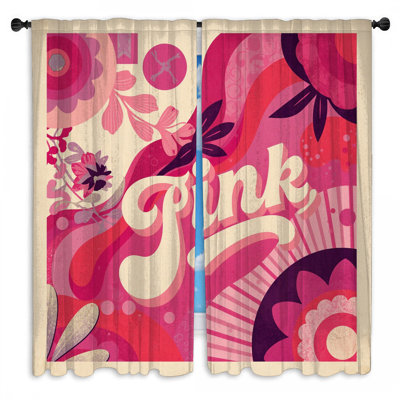 Retro Pink Flowers Window Curtains Typography Sheer & Room Darkening - 2 Panels