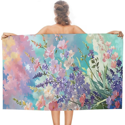 Serviette de plage florale rose vif, violet et vert, grande taille (60 x 80 pouces), légère et anti-sable, pour hommes et femmes, idéale pour la piscine, la mer, le spa, l'hôtel et la maison.