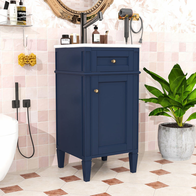 Meuble-lavabo autoportant moderne avec porte à fermeture en douceur, lavabo en céramique et grand rangement, Bleu, Doré