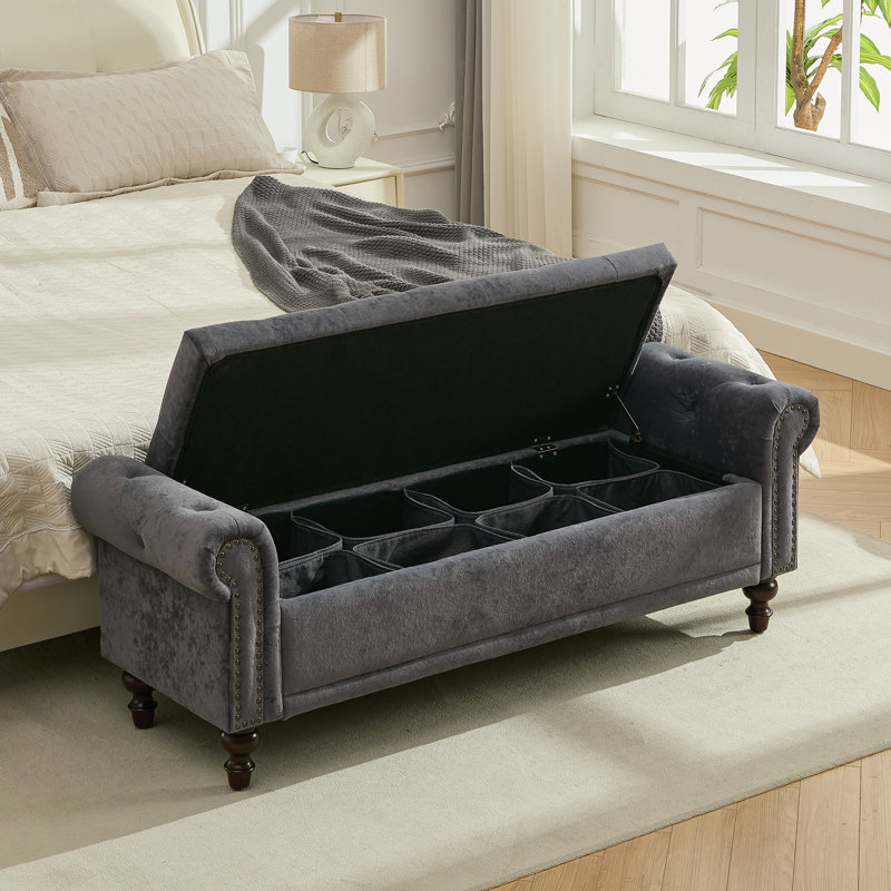Upholstered Storage Bench With Segmented Storage Compartments, Dark Gray Velvet, 20.8" H x 58.1" W x 18.7" D