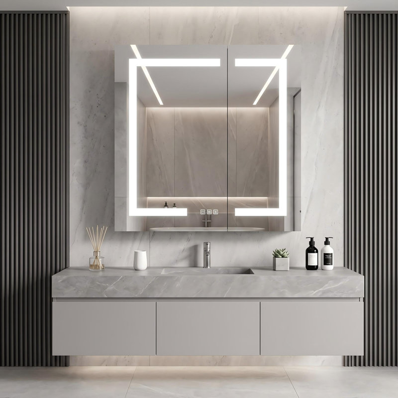 Armoire à pharmacie de salle de bain de 76 cm (30 pouces) avec éclairage DEL, miroir, étagères personnalisables, compatible avec les installations encastrées et en saillie.