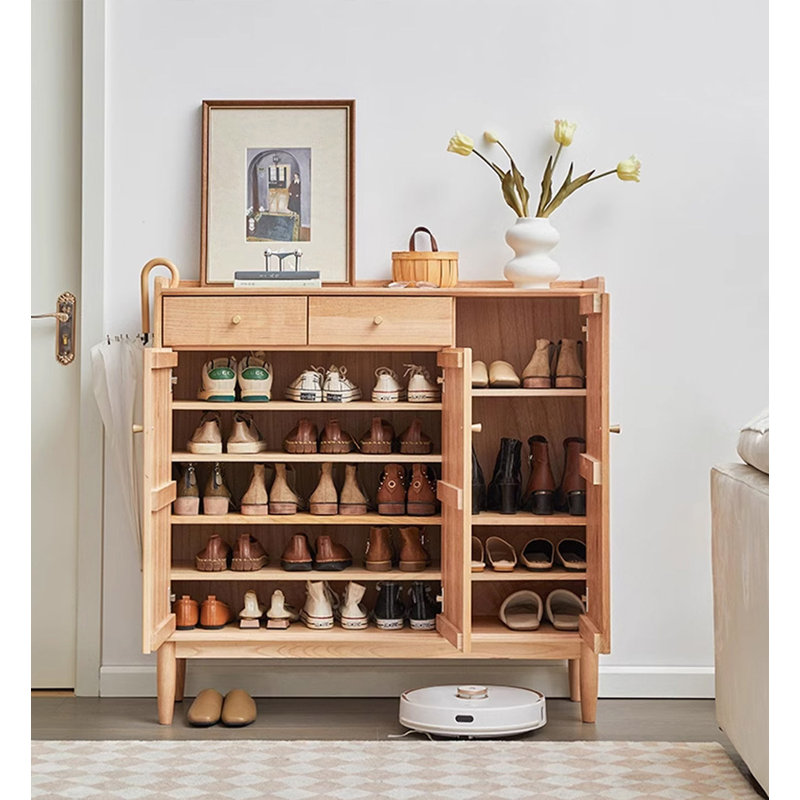 Armoire à chaussures 43,31 po en bois massif avec portes à lattes ventilées, Tanné