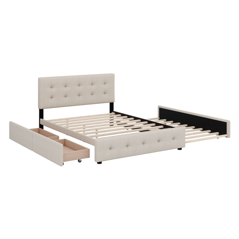 Lit plateforme tapissier en lin avec tiroirs et lit gigogne, Beige foncé