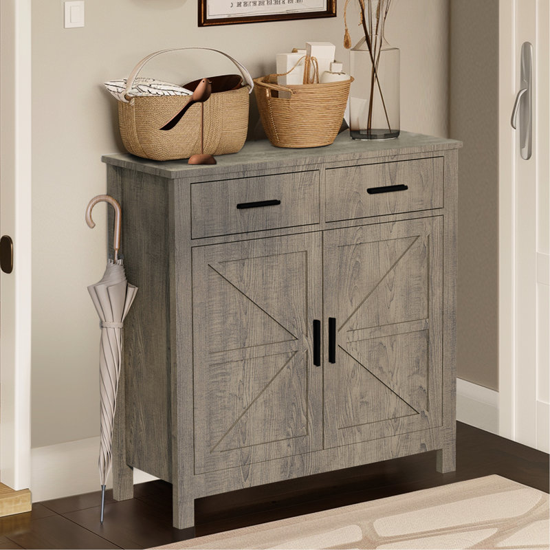 Buffet gris polyvalent avec 2 tiroirs et portes pour la salle de bain