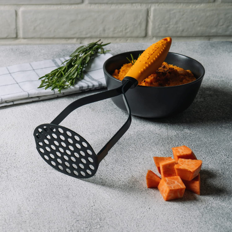 Heavy Duty Stainless Steel Potato Masher with Orange Rubber Handle