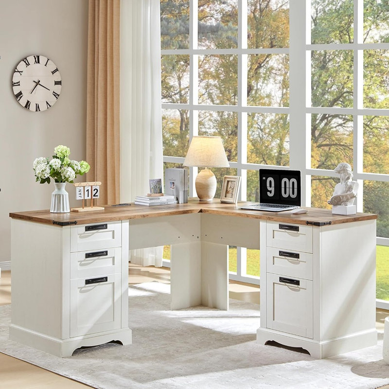 Bureau de direction en L blanc antique antique, bureau de coin en bois avec tiroirs, station de charge, classeur, ordinateur et bureau rustique