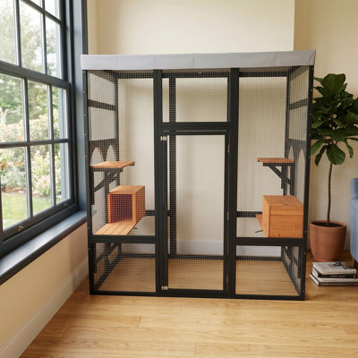 Cage d'extérieur en bois 62,6 po pour chats, grande enceinte pour chat avec toit imperméable, 2 maisons pour faire la sieste, plateformes et grillage galvanisé - Cage pour animaux pour cour ou patio