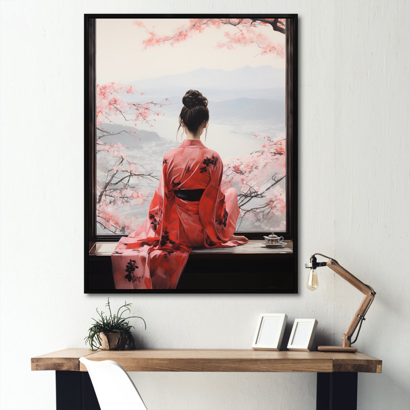 Arbre rose, femme japonaise vue de fenêtre II - Japon, art mural, Cadre flottant noir, H 20 po x l 12 po x P 1 po