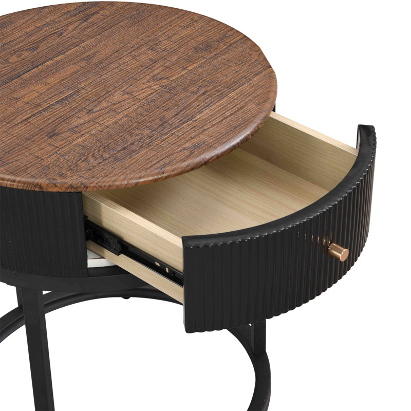 Round End Table Side Table with Drawer, Black/Brown, Black