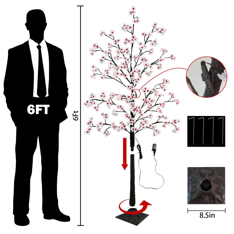 6FT Cherry Blossom Tree with 96 Fairy Lights, Artificial Lighted Tree