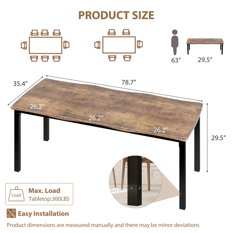 Rustic Wave Edge Dining Table for 6-8, Thick MDF Top with Metal Frame, Waterproof, Manufactured Wood, Brown Wood
