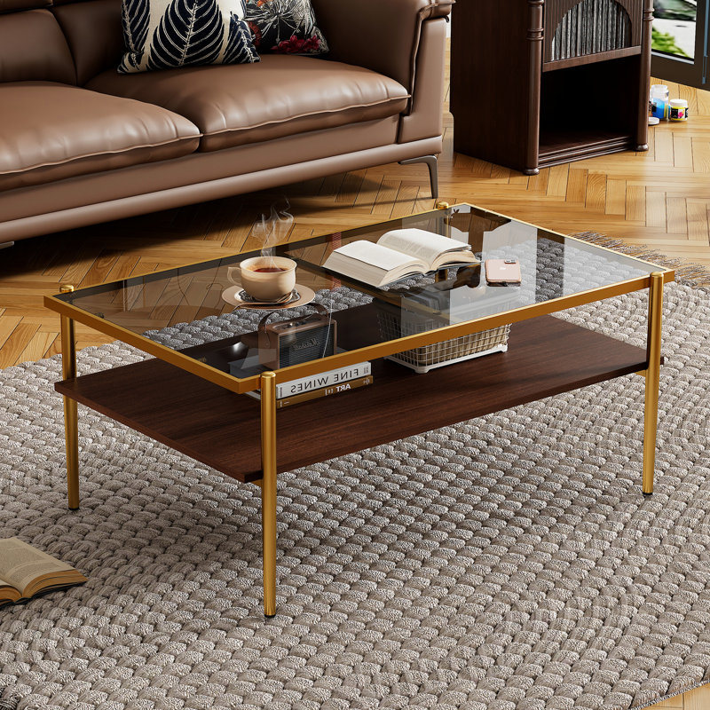 Mobilier de salon moderne avec table basse en verre trempé gris et pieds fiables, Gold/Brown