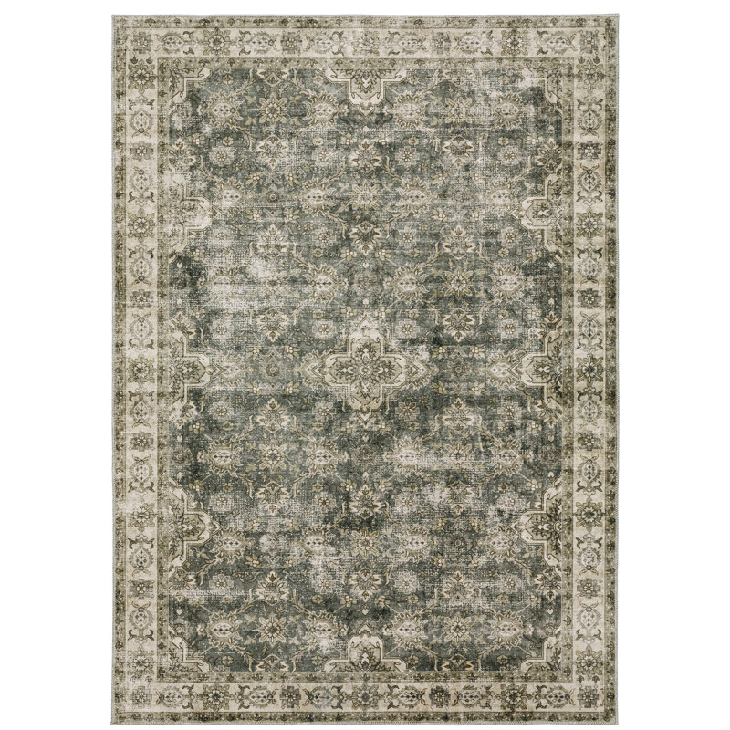 Tapis vert / gris / beige lavable à la machine Houtz, Rectangle 2 pi x 3 pi