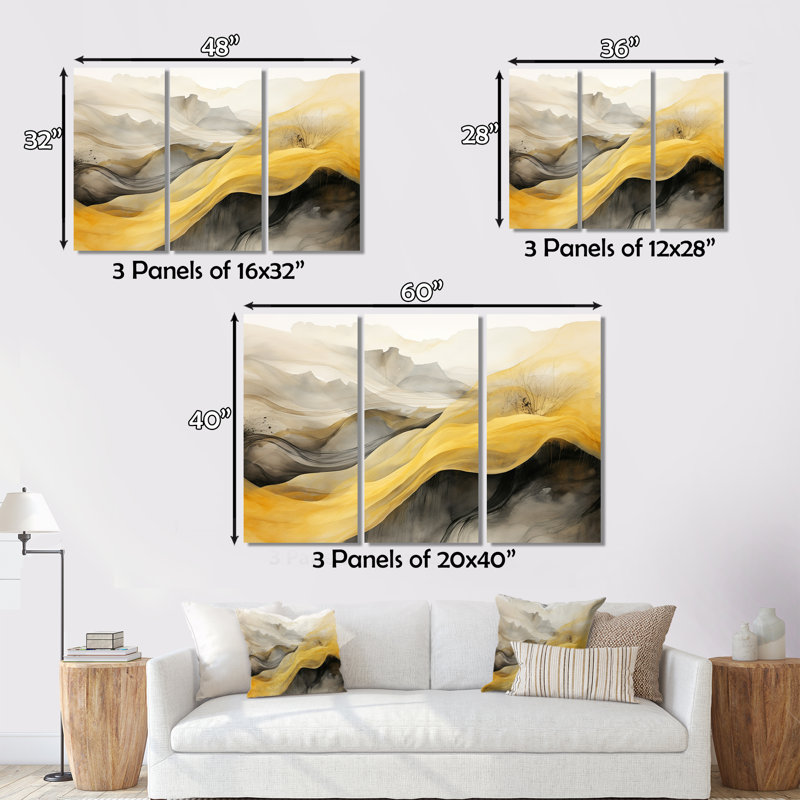 Art mural abstrait sur toile, décor de vagues rétro jaune-noir - Paysages de rêves rétro jaune-noir II