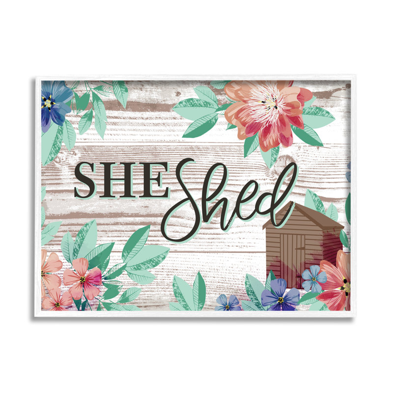 She Shed Typographie - Art textuel sur toile, H 16 po x l 20 po x 1,5 po, Giclée encadrée blanc bord de mer