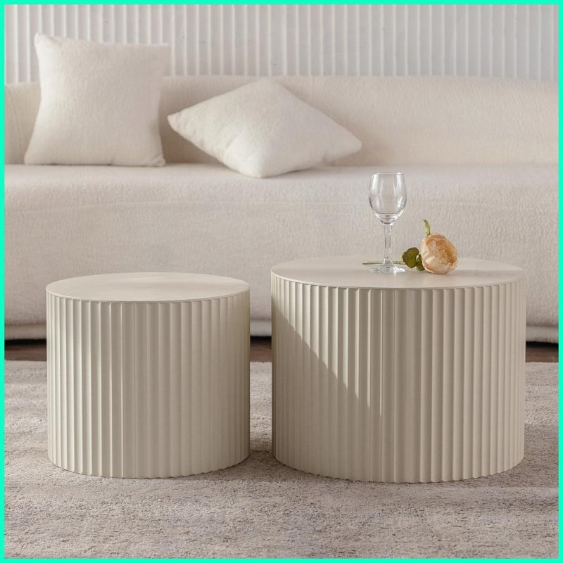 Ensemble de 2 tables basses beiges modernes avec lignes en relief - Gain de place et amp; Facile à nettoyer pour le salon
