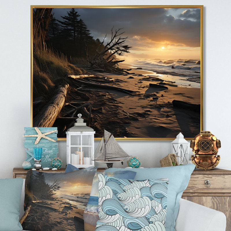 Amanoa " Beachside Harmony ", Gold Floater Framed, 34" H x 44" W x 1.5" D
