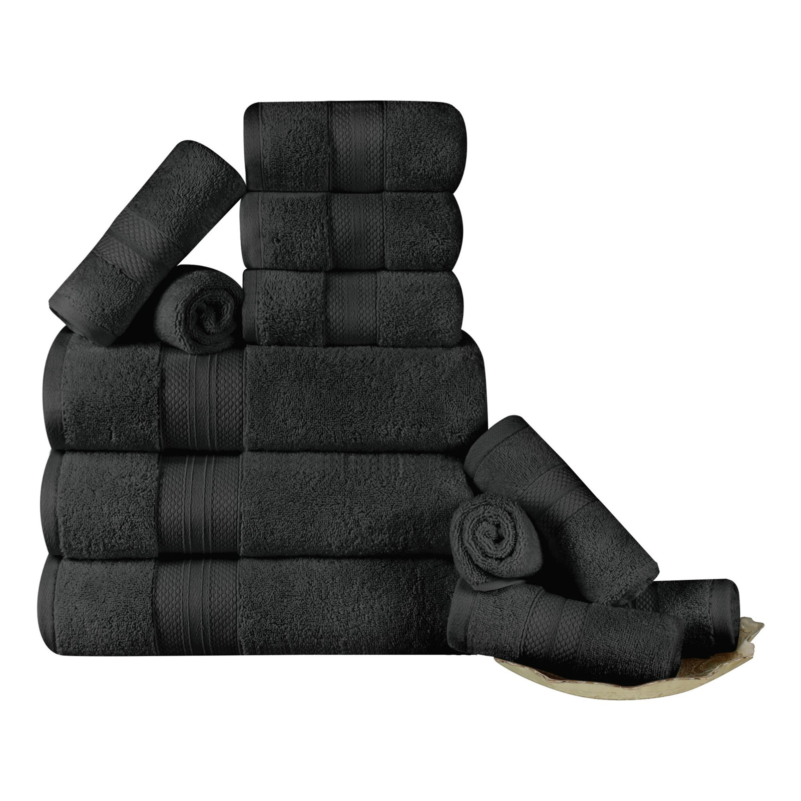 Finnian Ultra-Plush Heavyweight, 100% Turkish Towel Collection, Black, 12 Piece Towel Set