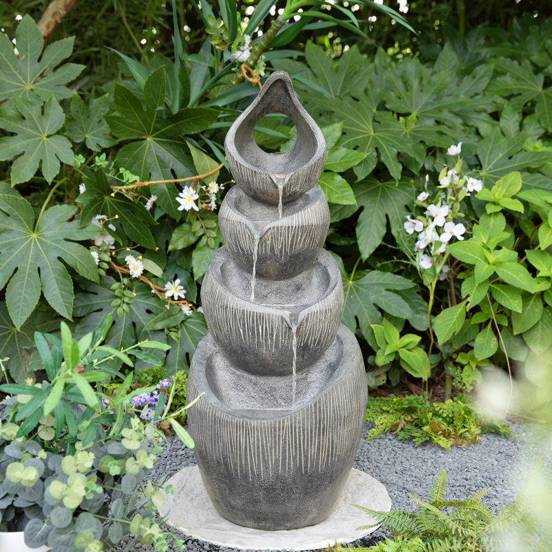 Fontaine d'extérieur en aumône en polyrésine de 34 po à 4 niveaux avec pompe et lumière DEL (KD) H 34 po